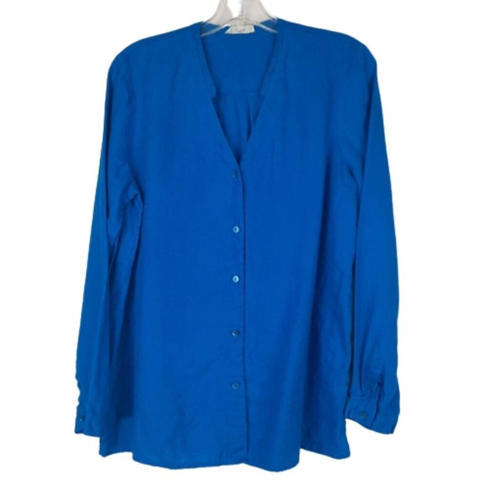Eileen Fisher blue button down blouse 100% Organic Irish Linen size Medium